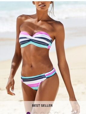Lascana Bandeau Striped Bikini Top and Print Classic Bikini Bottom NWT - 38C/8